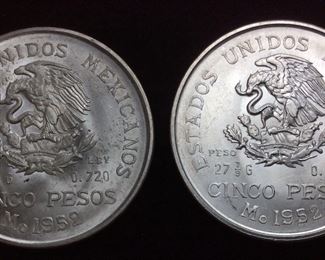 (2) 1952 SILVER MEXICAN COINS, 5 PESO