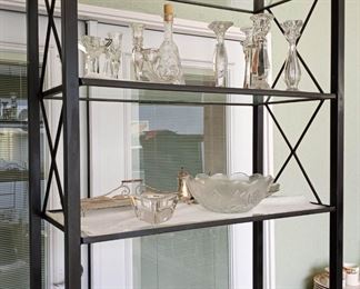 Black Metal Shelving Unit with Glass Shelves - Crystal and Glass Items For Sale as well