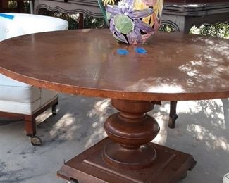 Vintage Solid Wood Round Games Table with Wheels, Height Can Be Lowered to be a Coffee Table