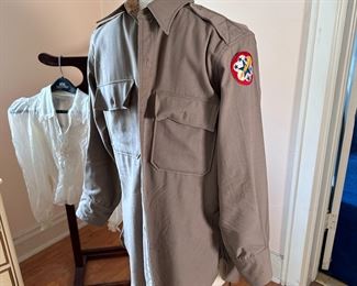 Jayson military uniform tan shirt (size S/M), some holes on right from pins, with Western Pacific shoulder patch
