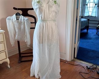Vintage translucent night gown with green floral embroidery, some wear, and fragile areas on one side with holes, likely silk, size XS/S