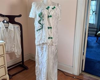 Vintage Asian silk pajamas with embroidered green dragon, mild color staining from green thread, minor spot on bottoms, size XS/S 