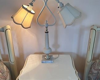 Vintage dual s-curve arm lamp with twisted glass body and marble base 24"H x 20"W
