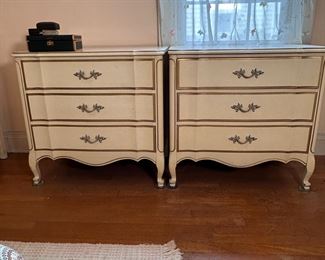 Dixie Furniture French Provincial pair of 3-drawer chests, some wear and discoloration 30"H x 30"W x 18"D