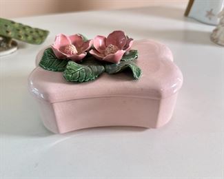 Valley Vista ceramic pink trinket box, minor chips to flowers, 5"W