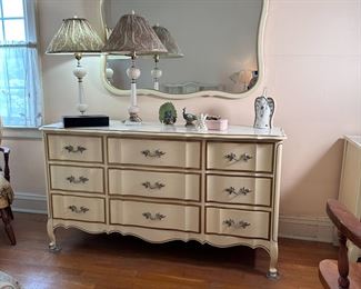 Dixie Furniture French Provincial 9-drawer chest and matching mirror, some wear and discoloration 58"W x 19"D