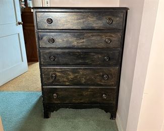 Antique 5-drawer chest with black and gold painted finish, some drawers open more smoothly than others, 46"H x 30"W x 16"D