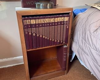 Encyclopedia set with bookshelf, Britannica Junior 1946 and world atlas in slot 