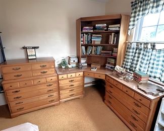 Vintage bedroom chest suite with corner desk and hutch, minor wear, tall chest is 42"H x 36"W, small chest is 30"H x 23"W, desk is 48"W, dresser is 36"W