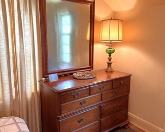 Lovely Pennsylvania House cherry 9-drawer dresser with off-set mirror and several divided drawers, some scratches to top and sides 38"H x 52"W x 21"D