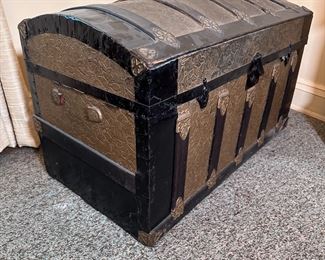 Embossed tin steamer trunk, has been repainted inside and out, does have tray, 22"H x 34"W x 18"D
