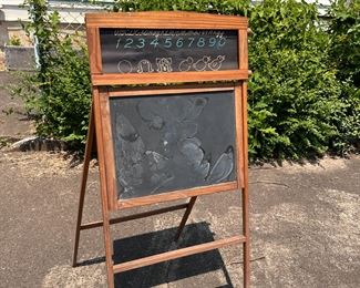 Vintage wood chalkboard with paper insert at top, overall wear, 44"H