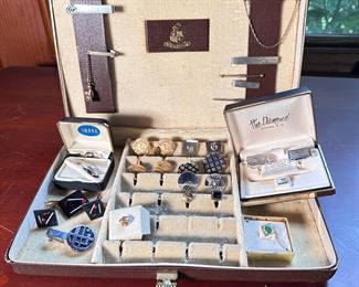 Group of tie tacks and clips, cuff links, in Swank box