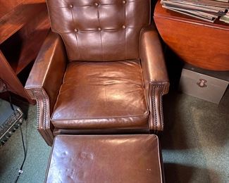 Lenoir Chair Company vintage brown leather tufted chair and ottoman, low height, some wear overall