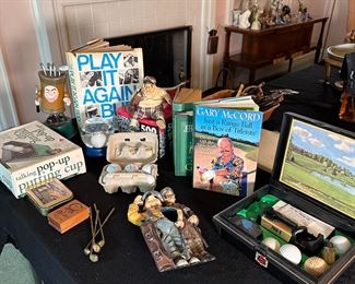 Golfer's Box Lot - putting cup, books, balls, figurines