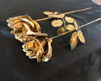 Pair of vintage gold dipped plastic roses, some is chipping 14"