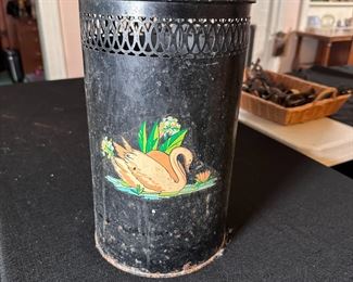 Vintage metal small trash bin with pierced border & transfer of swan, some oxidation overall, with more on base 13"H