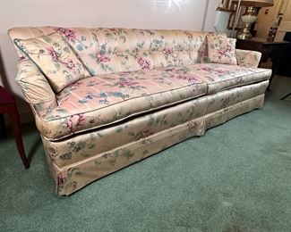 Vintage floral sofa, some wear and spotting throughout, ready for re-upholstery, low back (28"H) and seat 7 ft long