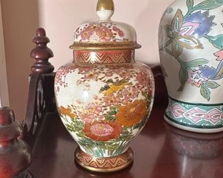 Jar with hand-painted floral and bird design 5"H