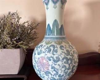 Decorative Chinoiserie vase in blues and pink  10"H