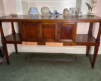 Low-profile vintage bar/hall table, some veneer loss in front (some pieces available) 26"H x 54"W x 15"D