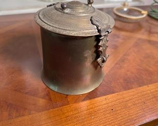 Hinged brass round container, some wear, 4"H