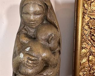 Museum reproduction of mother and child, plaster, some wear to surface 15"H