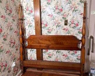 Full size Cherry Valley Stickley post bed with side rails, some wear, posts are 66"H