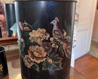 Metal waste basket with tole painted partridge resting on a flowering branch, some wear, 13"H