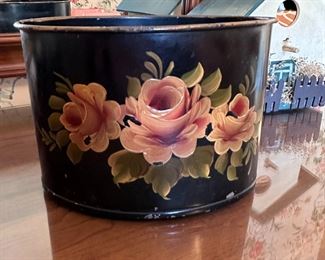 Oval small metal bin by Mary Ryan, tole painted pink roses 5"H x 7"W