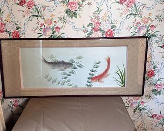 Very large needlepoint koi fish in seaweed, glass needs replaced 18" x 40"