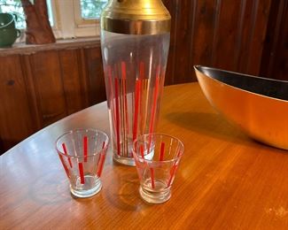 MCM red and gold cocktail shaker (no pour cap) and matching shot glasses