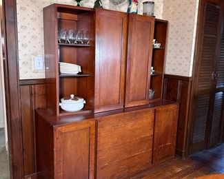 Large china cabinet with lower cupboards and 4 drawers, some wear and scratches (especially to the lower front) adjustable shelves above 70"H x 60"W x 20"D