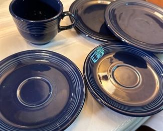 Fiestaware dark blue cup, saucers, two salad/dessert plates