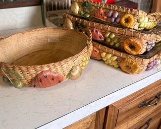 Raffia fruit decorated baskets (Philippines) and two with glass casserole dishes largest is 9x13
