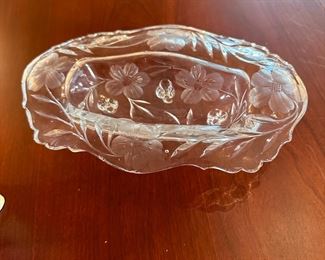 Etched and cut small dish, footed with floral pattern 6"