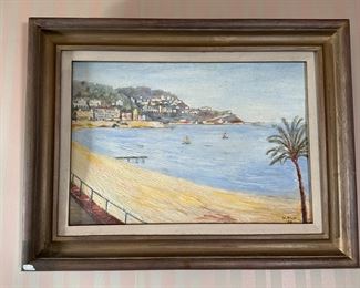 Painting of seaside with sailboats by W. Rice, 1968, 22" x 28"