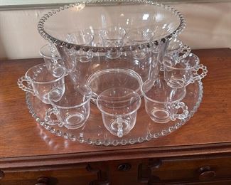 Imperial Glass Candlewick punch bowl 7"H, cups and 16" tray