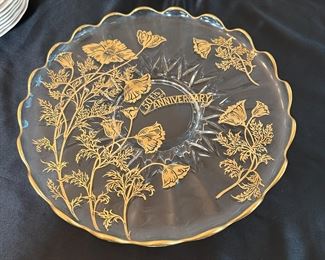 50th Anniversary large tray with gold floral decoration and scalloped edge 14"