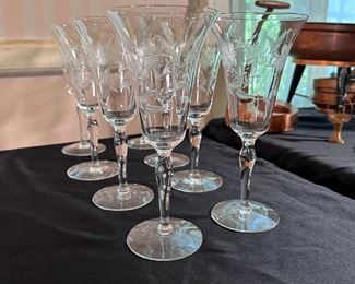 Tall etched floral set of 8 crystal wine glasses