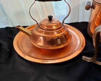 Decorative copper teapot and etched tray