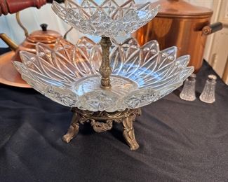 Federal Glass 2-tiered candy dish with brass base 8"H x 10"W