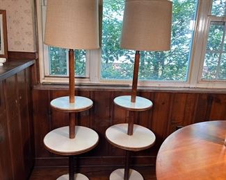 Pair of 2-tier MCM floor lamps with shades over milk glass sconce 60"H x 15"W