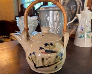 Pottery teapot with bamboo handle 5"H