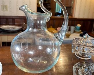 Blown glass water pitcher 10"H