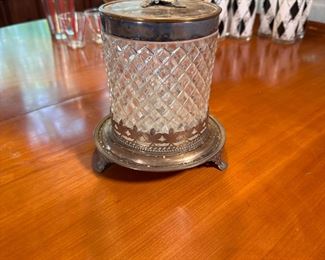 Diamond pattern crystal and silver plated biscuit or pickle keeper with silver plated base and hinged lid 7"
