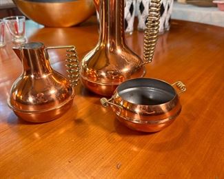 Vintage Colonial copper teapot 6"H, sugar and creamer (decorative) 