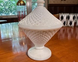Westmoreland diamond point covered candy dish 7"H