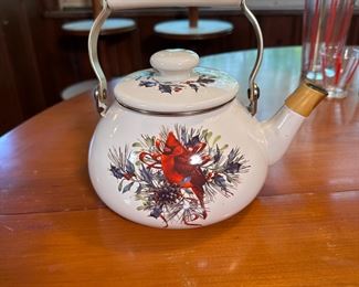White metal teapot with cardinal 5"H