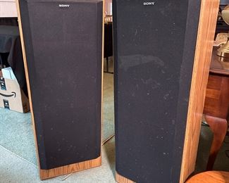 Pair of tall Sony speakers model SS-U511AV in wood cabinet, may need repair and outer suspension is crumbling 36"H